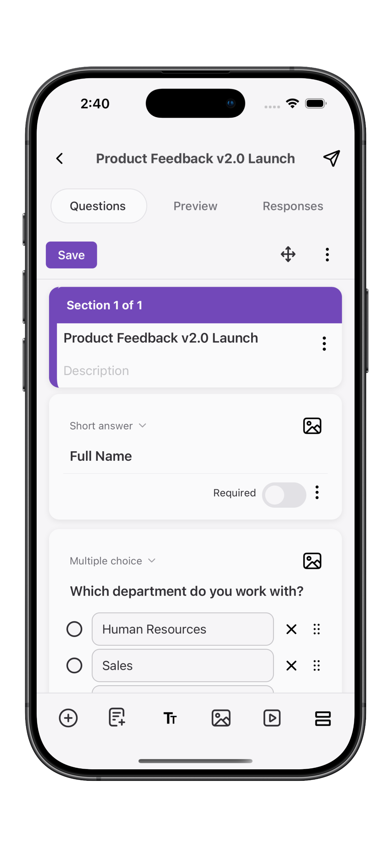 Forms Pro form editor with sections and question types on mobile
