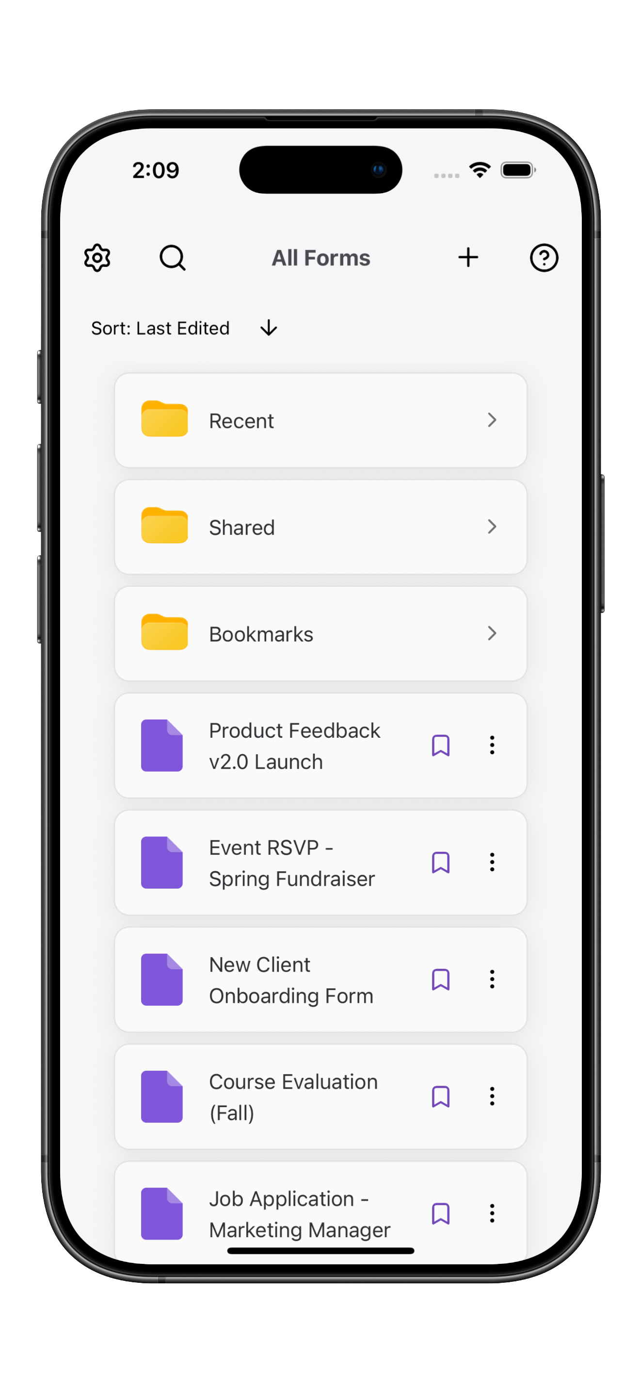 Forms Pro home screen showing a list of Google Forms