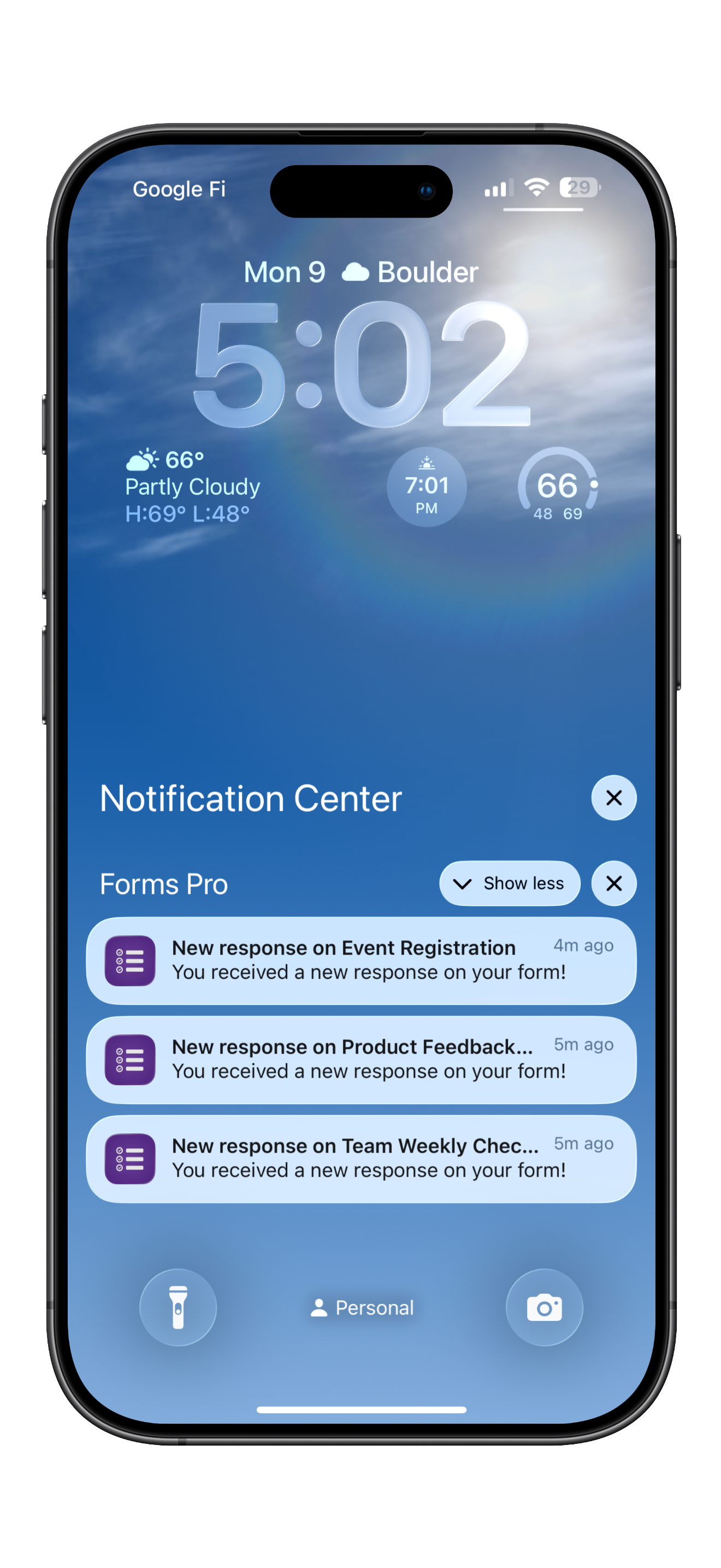 iPhone lock screen showing Forms Pro response notifications